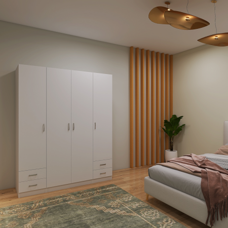 Dulap cu 4 usi - Dulap Haine 4 usi cu sertare, L180 x H200 x A50 cm, Culoare Alb, Material Pal 18mm