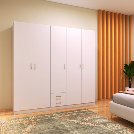Dulap cu 4 usi - Dulap Haine 5 usi cu bara haine, L210 x H200 x A50 cm, Culoare Alb, Material Pal 18mm