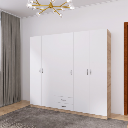 Dulap Haine 5 usi, L210 x H200 x A50 cm, Culoare Sonoma - Alb, Material Pal 18mm [2]