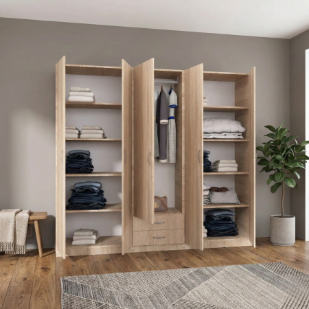 Dulapuri cu usi batante - Dulap Haine 5 usi, L210 x H200 x A50 cm, Culoare Sonoma, Material Pal 18mm