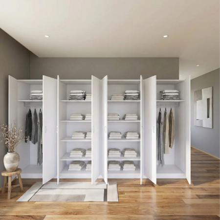 Dulapuri - Dulap Haine cu 8 usi cu rafturi si bara haine, L320 x H200 x A50cm, Material Pal18mm, Culoare Alb