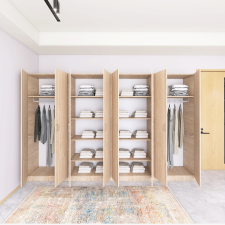 Dulap cu 4 usi - Dulap Haine cu 8 usi cu rafturi si bara haine, L320 x H200 x A50cm, Material Pal18mm, Culoare Stejar Sonoma