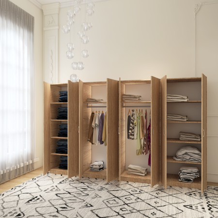 Dulapuri - Dulap Haine cu 8 usi cu rafturi si bara haine, L320 x H200 x A50cm, Material Pal18mm, Culoare Sonoma