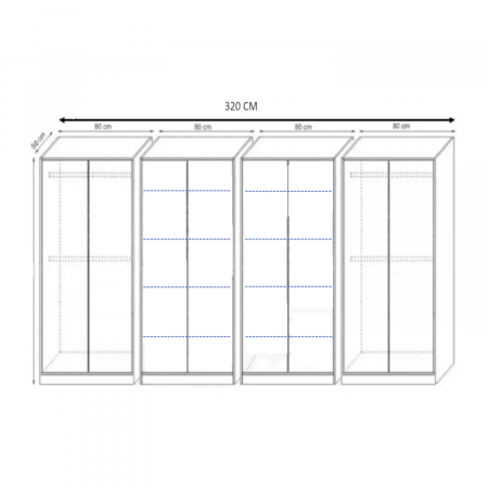 Dulap Haine cu 8 usi cu rafturi si bara haine si Suprapozabil, L320 x H240 x A50cm, Material Pal18mm, Culoare ALB [3]
