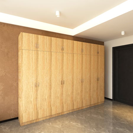 Cele mai Vandute - Dulap Haine cu 8 usi cu rafturi si bara haine si Suprapozabil, L320 x H240 x A50cm, Material Pal18mm, Culoare STEJAR SONOMA