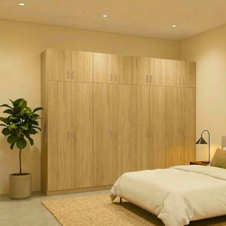 Dulapuri - Dulap Haine cu 8 usi cu rafturi si bara haine si Suprapozabil, L320 x H240 x A50cm, Material Pal18mm, Culoare STEJAR SONOMA