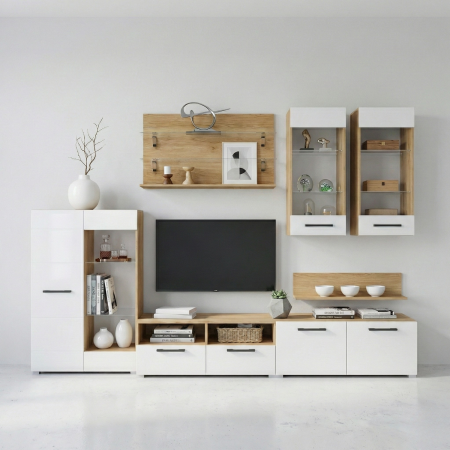 Living - Living Nisa L280 x A47 x H200cm, Culoare Stejar Auriu - Alb Lucios