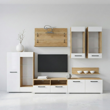 Living Nisa L280 x A47 x H200cm, Culoare Stejar Auriu - Alb Lucios [1]