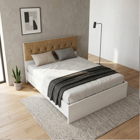 Paturi - Pat 140 x 200, Tablie Tapitata BEJ, Burete de 5 cm Grosime, Culoare Alb