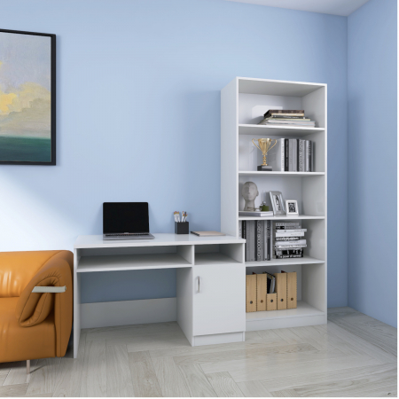 Set Birou Alex cu Biblioteca SKY, Culoare Alb, Material Pal 18mm [1]