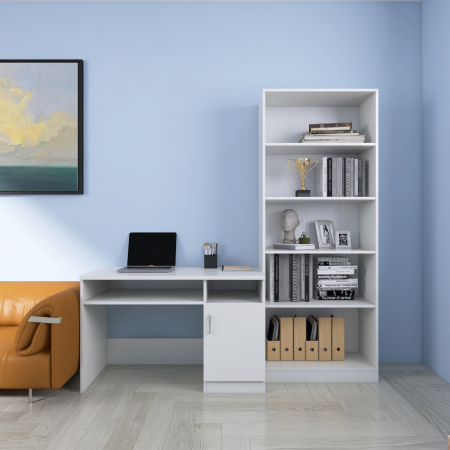 Birouri - Set Birou Alex cu Biblioteca SKY, Culoare Alb, Material Pal 18mm