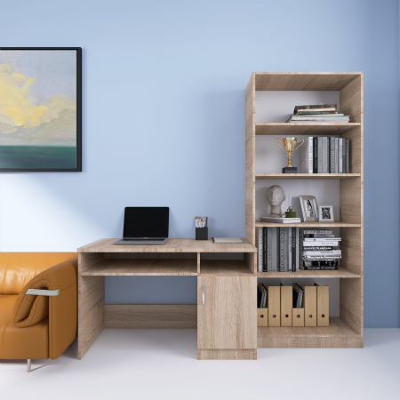 Birouri - Set Birou Alex cu Biblioteca SKY, Culoare Sonoma, Material Pal 18mm