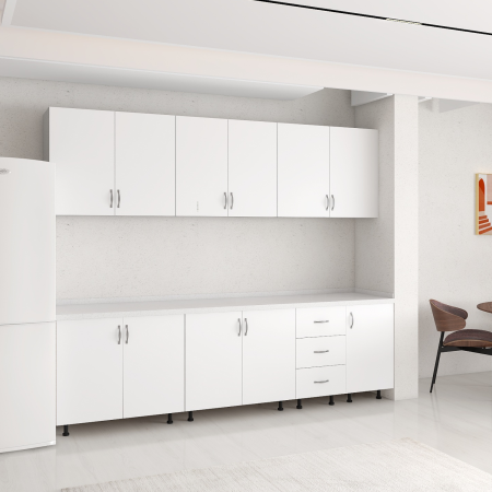 Set Bucatarie 220 cm, Pal 18mm, Culoare Alb. Blat Termorezistent Inclus [1]