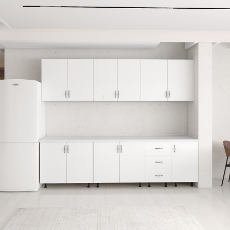 Bucatarii Modulare - Set Bucatarie 220 cm, Pal 18mm, Culoare Alb. Blat Termorezistent Inclus