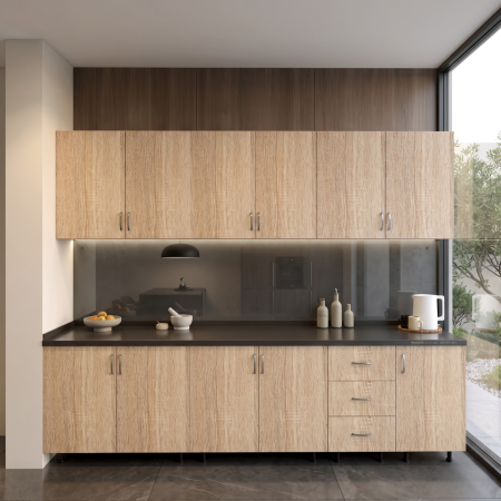Bucatarii - Set Bucatarie 240cm Valencia , Pal 18mm, Blat Termorezistent Negru , Culoare Stejar Sonoma