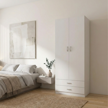 Dulapuri - Sifonier cu rafturi si 2 sertare Daria 200x60x50cm, Culoare Alb, Material Pal 18mm