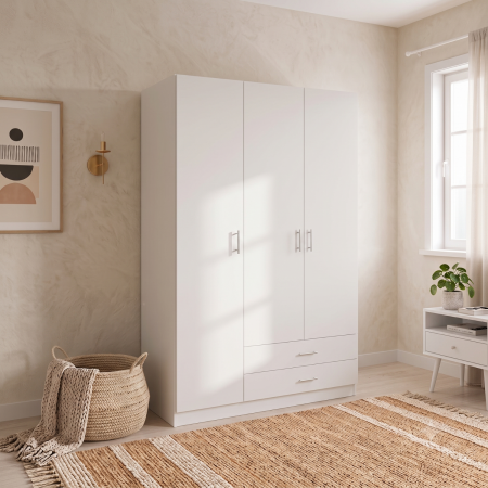 Dulap cu 3 usi - Sifonier cu rafturi si 2 sertare H200xL110x50cm, Culoare Alb, Material Pal 18mm