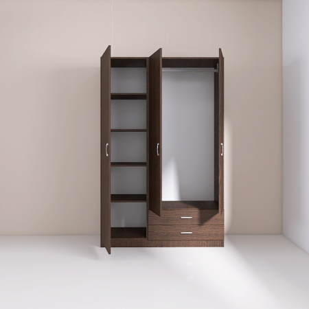 Dulap cu 3 usi - Sifonier cu rafturi si 2 sertare H200xL110x50cm, Culoare WENGE, Material Pal 18mm