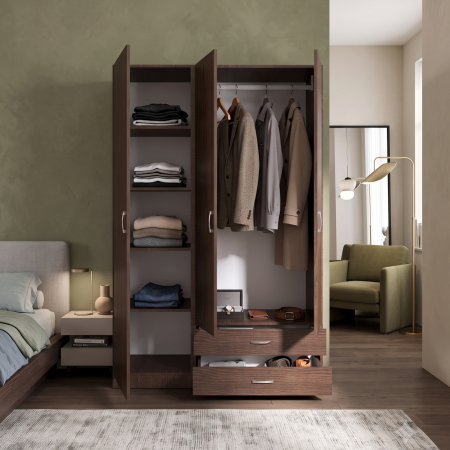 Dulap cu 3 usi - Sifonier cu rafturi si 2 sertare H200xL110x50cm, Culoare WENGE, Material Pal 18mm