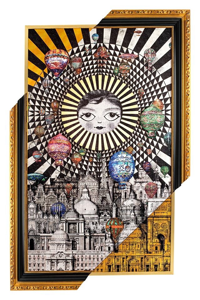 Produse - Tablou Decorativ Balloons 160x6x260 cm, Hârtie Artistică și Lemn de Pin Alb-Negru cu Accente Colorate Negru-Auriu - Kare Design