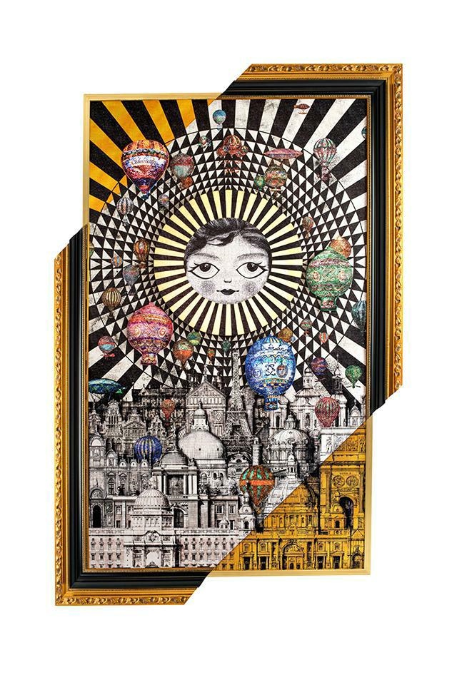 Produse - Tablou Decorativ Balloons 110x6x174 cm, Hârtie Artistică și Lemn de Pin Alb, Negru Auriu - Kare Design
