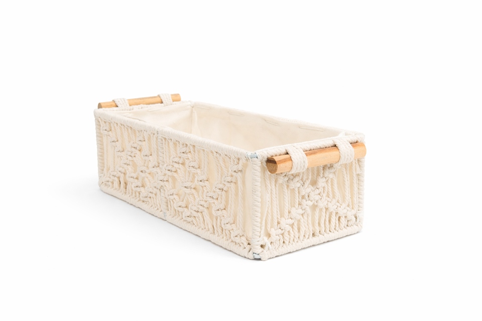 Coș Decorativ Boho, Țesătură Moale și Mânere din Lemn Bej - SHP [2]