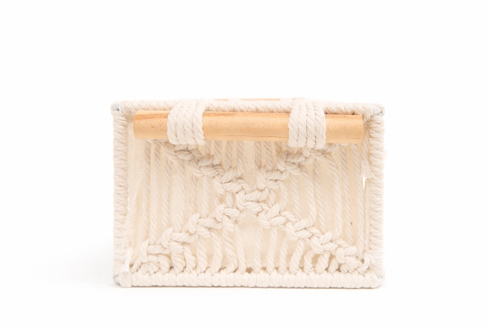 Coș Decorativ Boho, Țesătură Moale și Mânere din Lemn Bej - SHP [3]