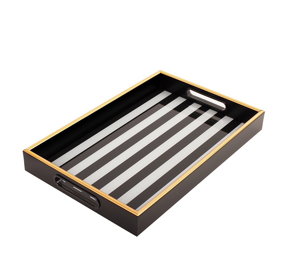 Tavă Decorativă Grand 25x4,5x38 cm, Plastic și Sticlă Alb-Negru; Accente Aurii - SHP [3]