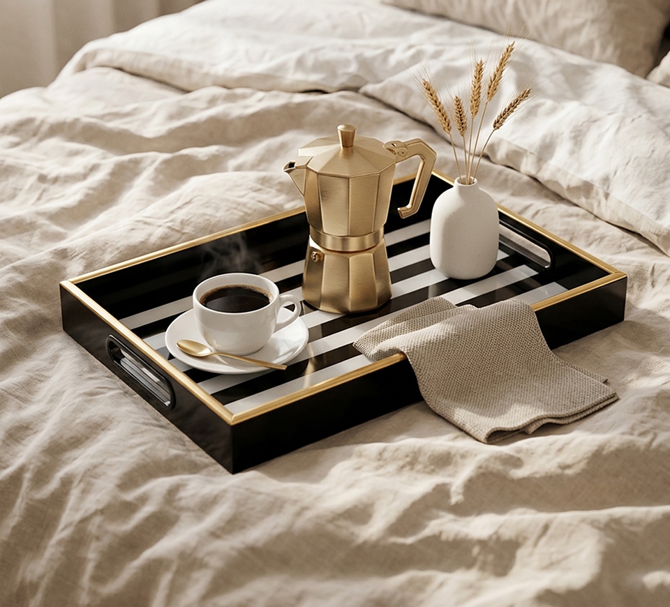 Tavă Decorativă Grand 25x4,5x38 cm, Plastic și Sticlă Alb-Negru; Accente Aurii - SHP [5]