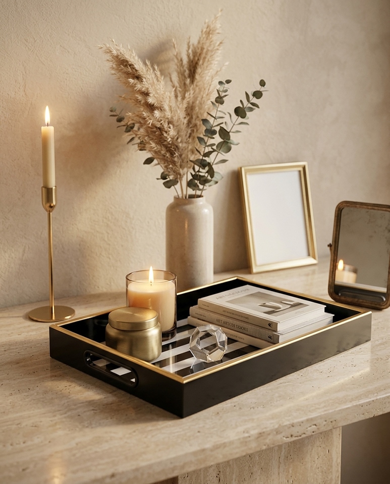 Tavă Decorativă Grand 25x4,5x38 cm, Plastic și Sticlă Alb-Negru; Accente Aurii - SHP [6]