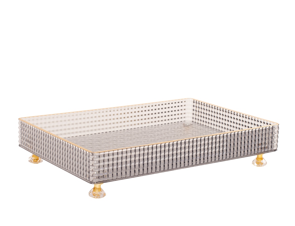 Produse - Tavă Decorativă Lari 27,5x6x18,5 cm, Acril Transparent Fumuriu Gri Finisaj Auriu - SHP