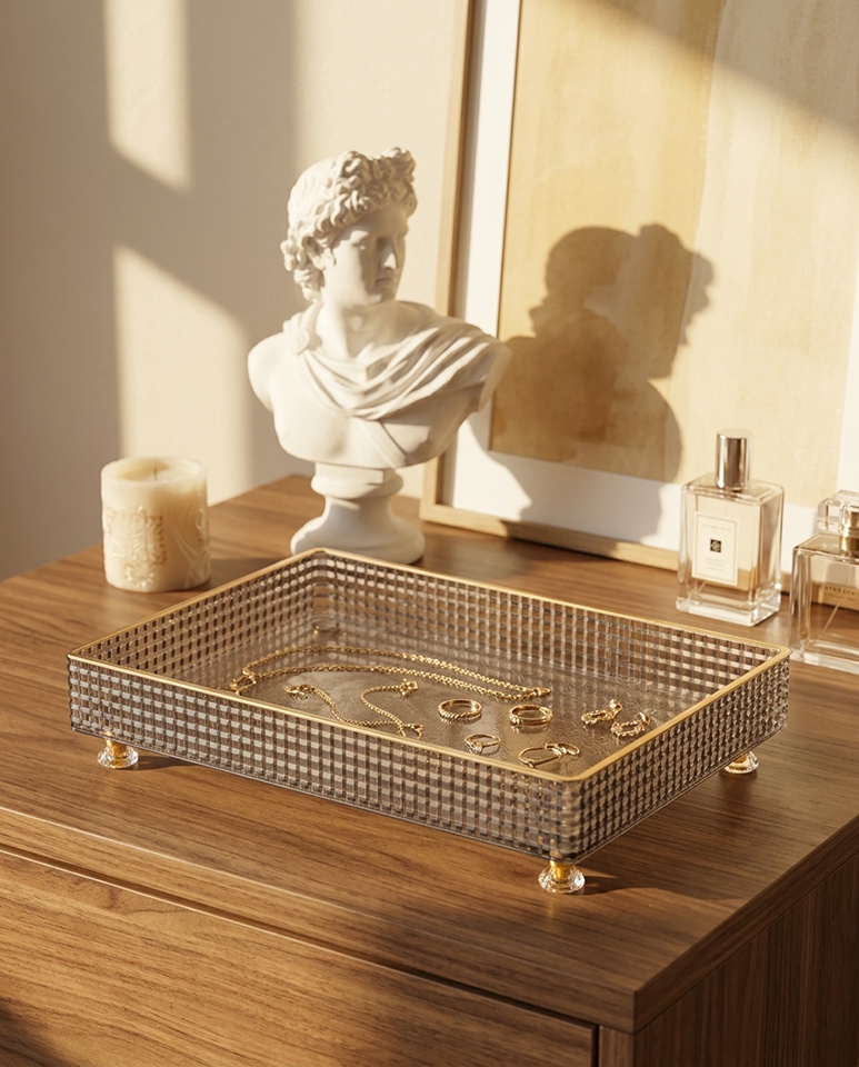 Tavă Decorativă Lari 27,5x6x18,5 cm, Acril Transparent Fumuriu Gri Finisaj Auriu - SHP [6]