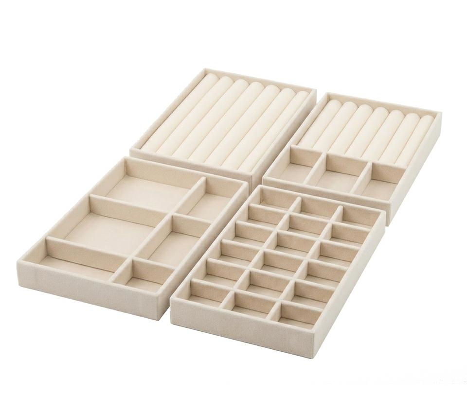 Cutii decorative - Set de 4 Organizatoare pentru Bijuterii Sorrel 21x2,2x12,5 cm, Catifea Bej - SHP