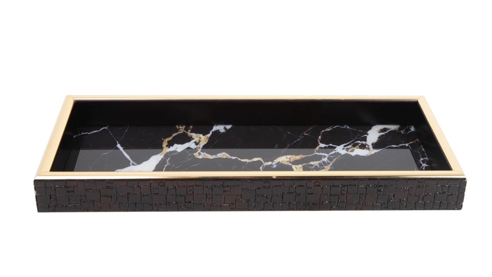 Tavă Decorativă Marble 10,9x27,9x3 cm, Sticlă și Plastic Alb; Auriu; Negru - SHP [2]