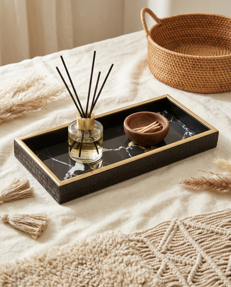 Tavă Decorativă Marble 10,9x27,9x3 cm, Sticlă și Plastic Alb; Auriu; Negru - SHP [5]
