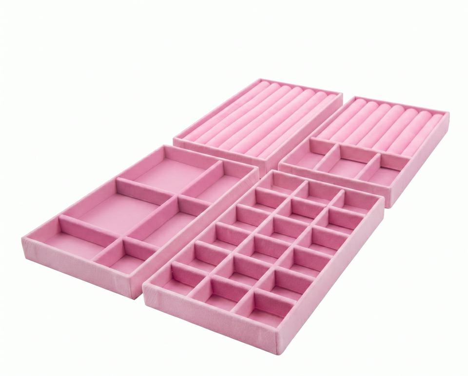 Cutii decorative - Set de 4 Organizatoare de Bijuterii Sorrel 21x2,2x12,5 cm, Catifea Roz - SHP