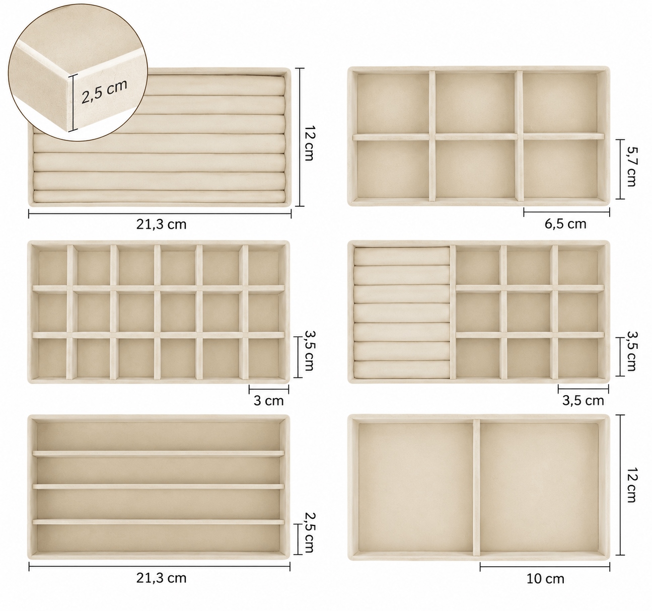 Set de 6 Organizatoare pentru Bijuterii Sorrel 21x2,2x12,5 cm, Catifea Bej - SHP [3]