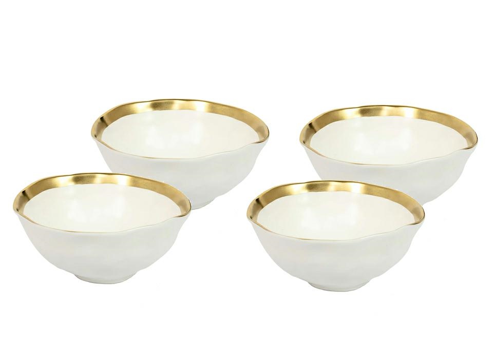 Bucatarie - Set de 4 Boluri Bell 15 15,2x15,2x6,3 cm, Porțelan Glazurat Alb-Auriu - Kare Design