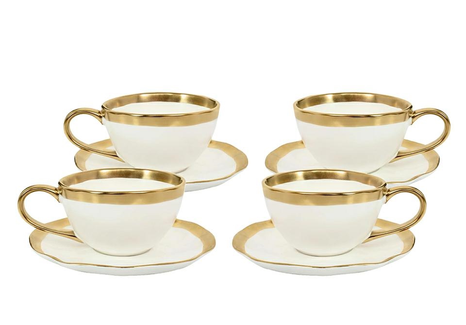 Bucatarie - Set de 4 Căni Bell 14,5x14,5x10,5 cm, Porcelană Glazurată Alb și Auriu - Kare Design