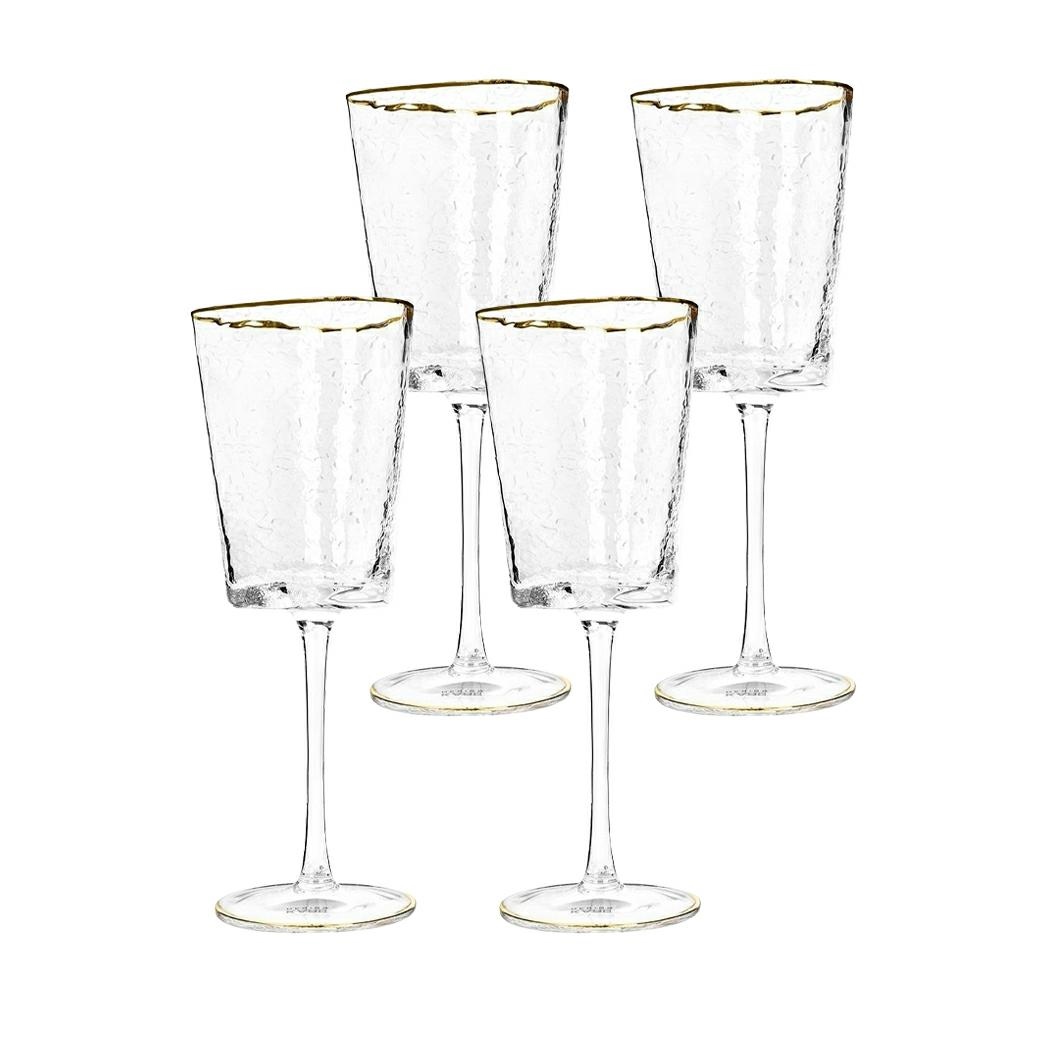 Bucatarie - Set de 4 Pahare de Vin Hommage 400 9,5x9,5x23,5 cm, Sticlă Transparent Acente Aurii - Kare Design