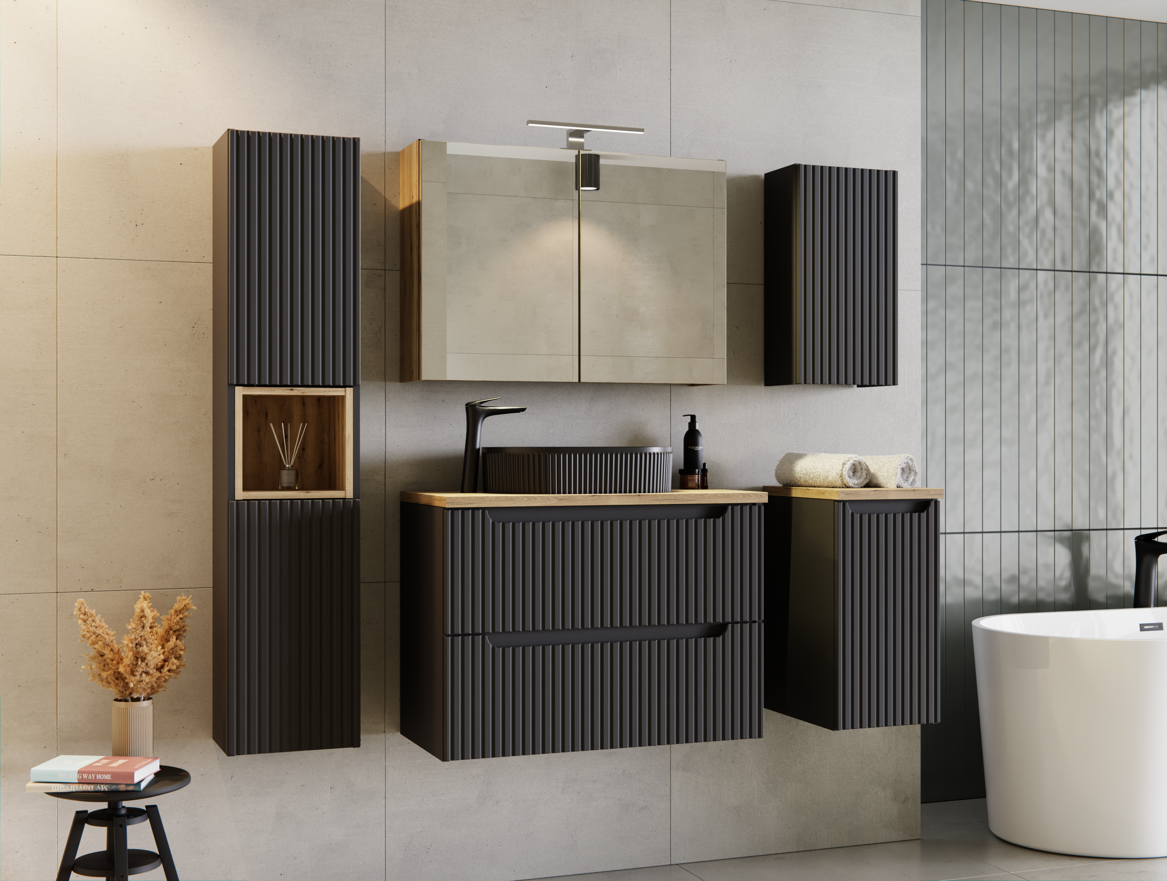 Dulap Baie Sub Blat Nova Black 30 cm, Negru Mat, Maner Integrat, Fronturi 3D Texturate - COMAD [4]
