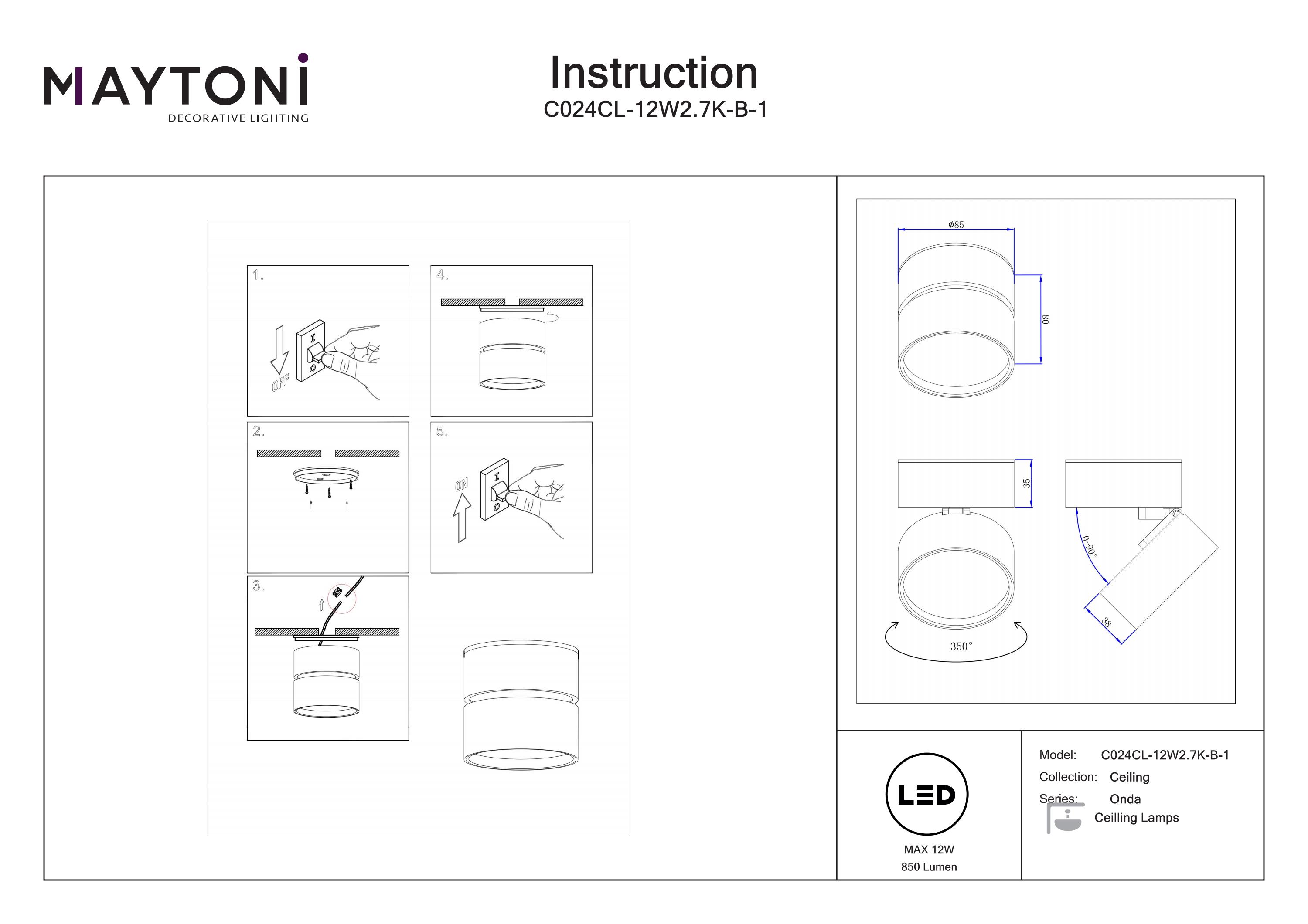 Plafonieră ONDA, Aluminiu Negru, 12W, MAYTONI C024CL-12W2.7K-B-1 [5]