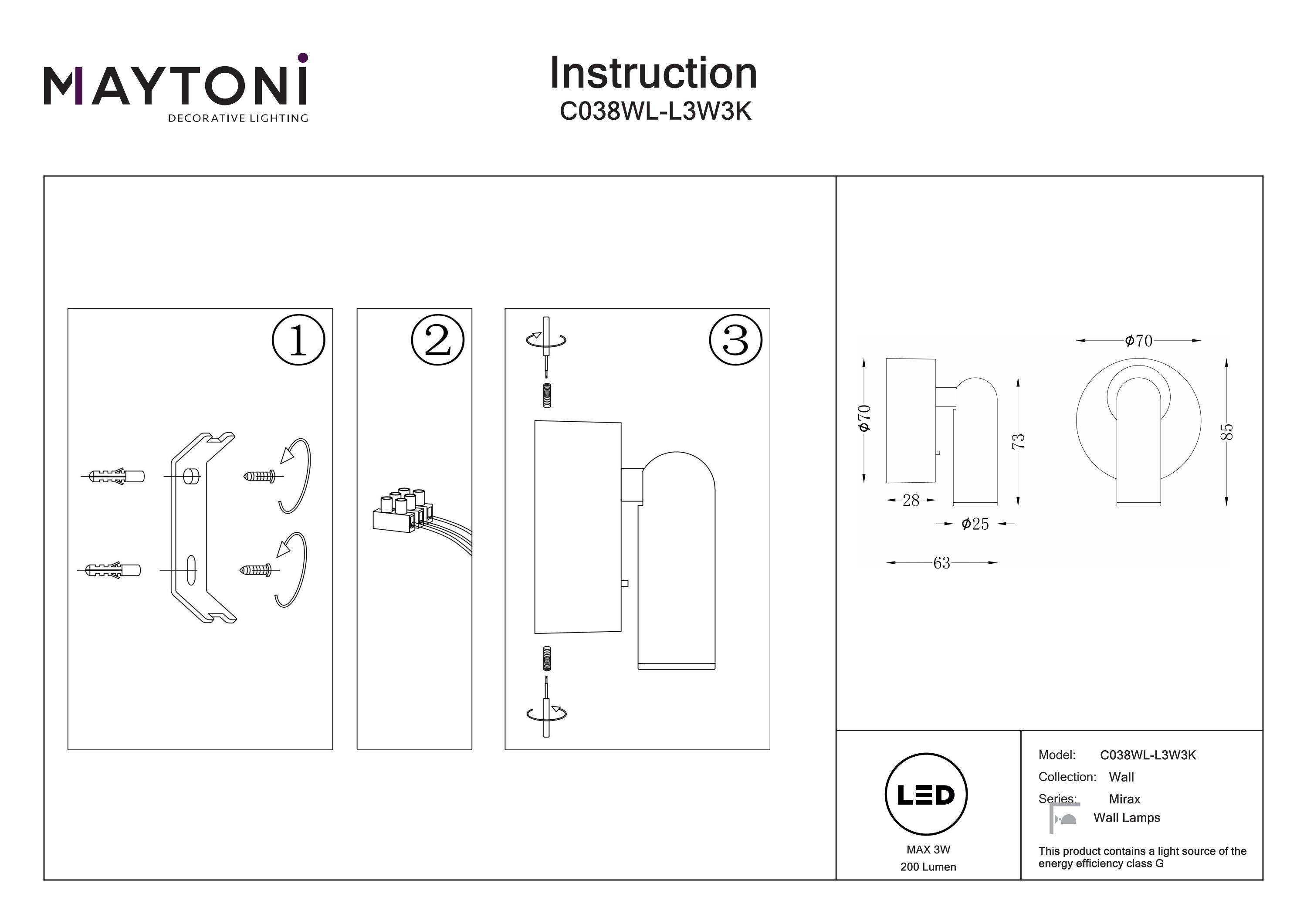 Aplică de perete Mirax, Metal Alb, 3W, MAYTONI C038WL-L3W3K [3]