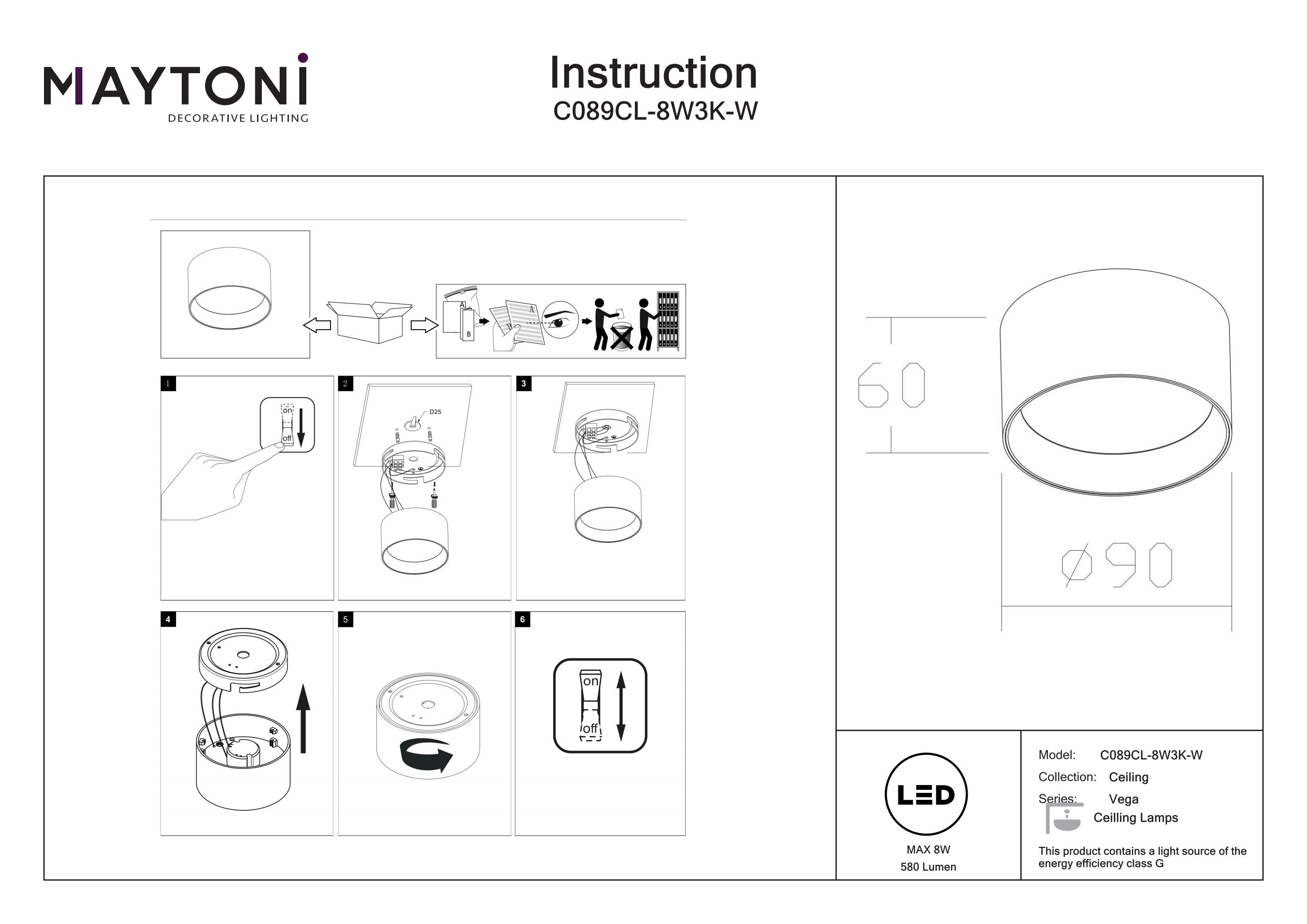 Plafonieră Vega, Aluminiu Alb, 8W, MAYTONI C089CL-8W3K-W [4]
