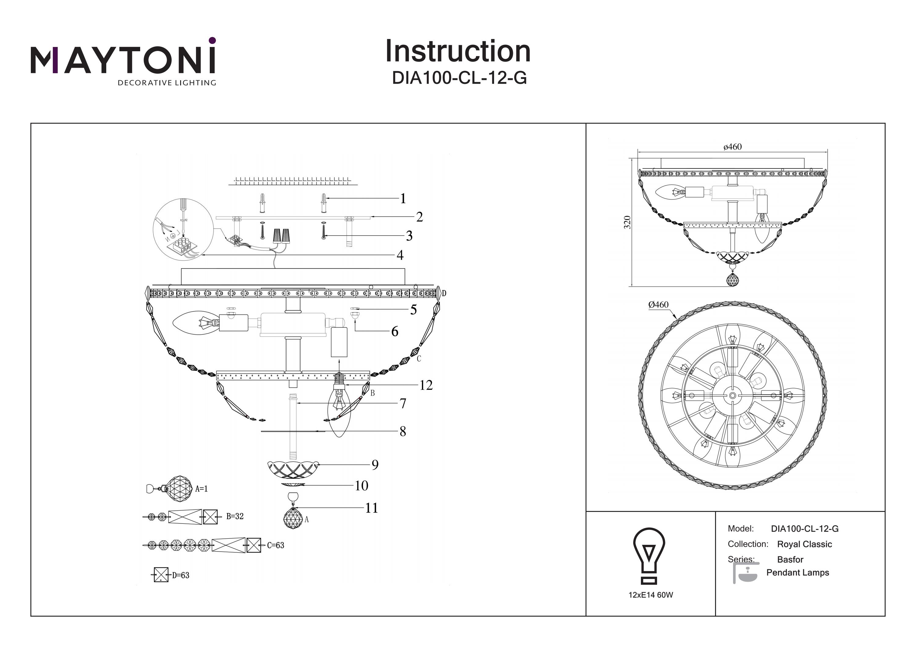 Candelabru Basfor, Metal Auriu, 60W, MAYTONI DIA100-CL-12-G [2]