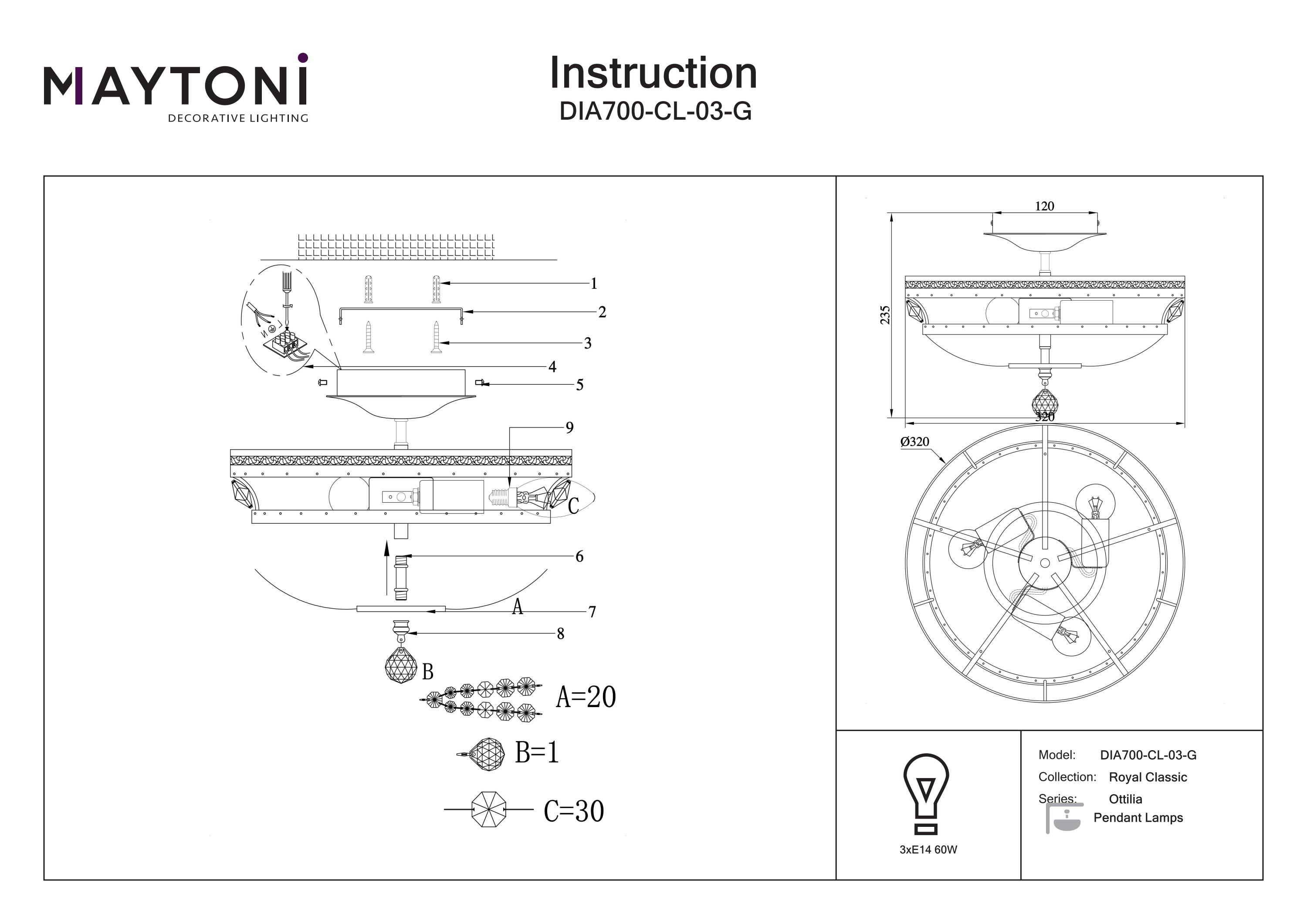 Candelabru OTTILIA, Metal Auriu, 60W, MAYTONI DIA700-CL-03-G [2]