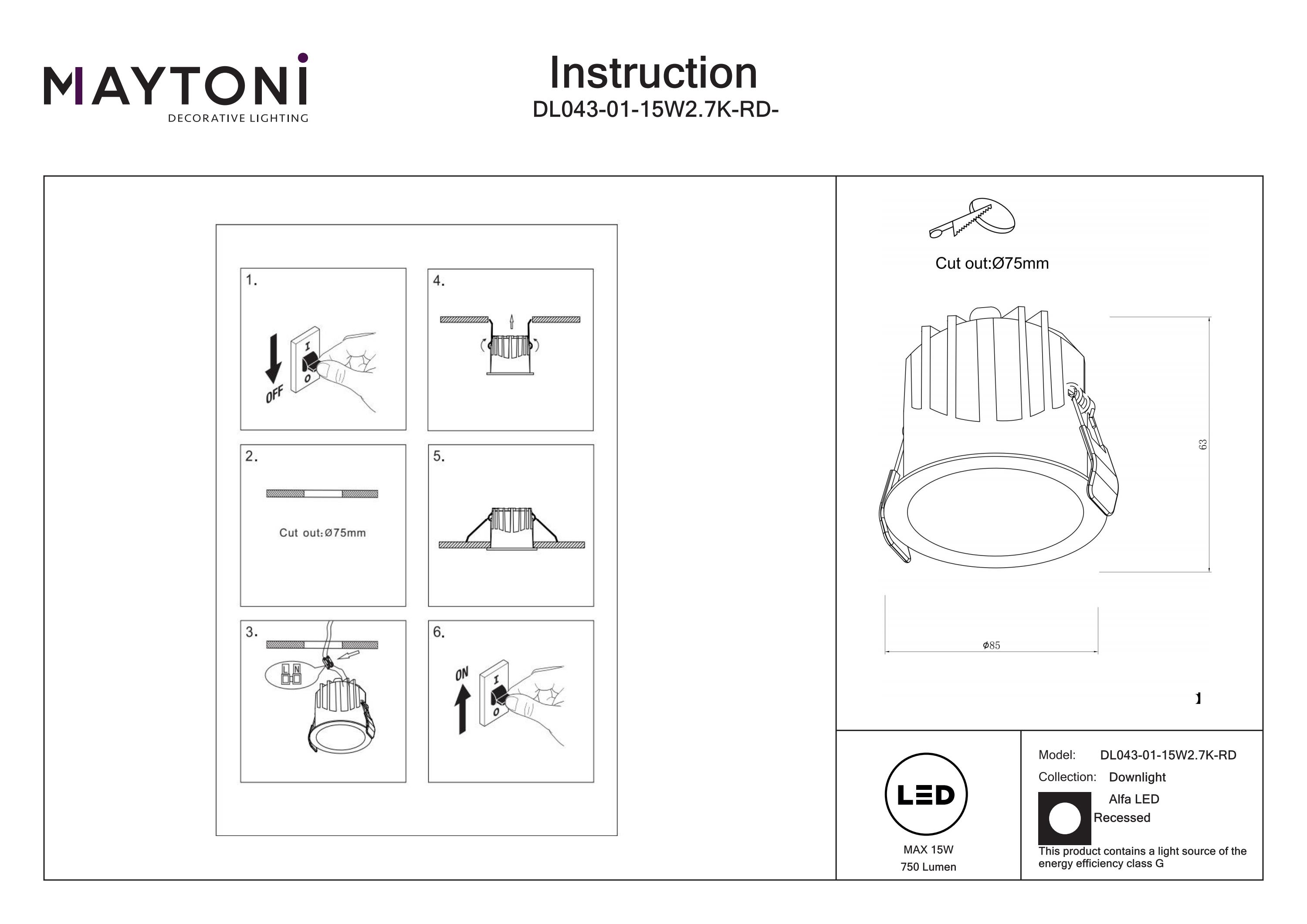 Corp de iluminat încastrat Alfa LED, Aluminiu Alb, 15W, MAYTONI DL043-01-15W2.7K-RD-W-DE [4]