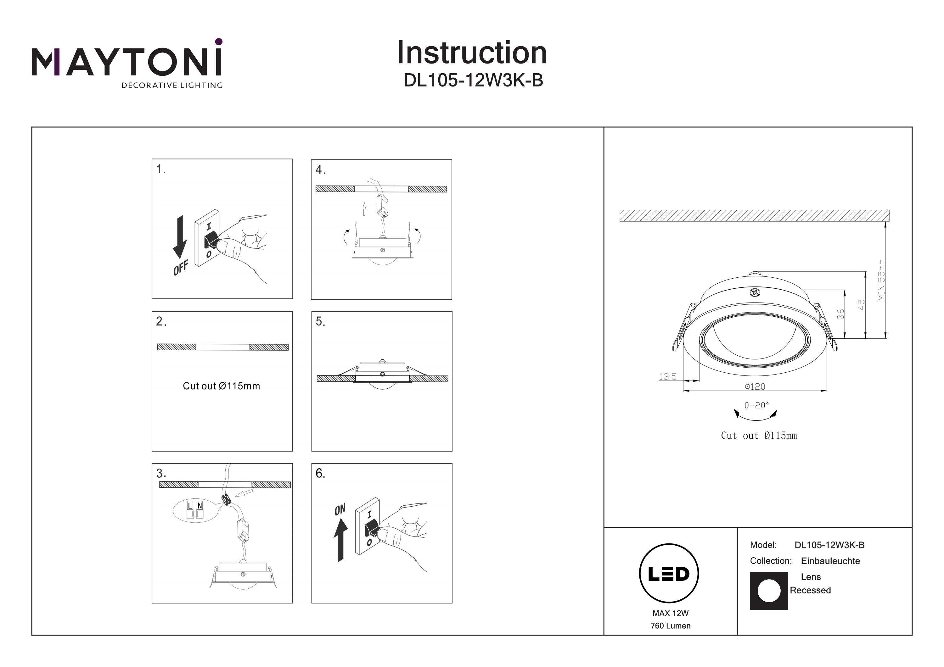 Corp de iluminat încastrat Lentilă Negru Aluminiu 12W MAYTONI DL105-12W3K-B [5]