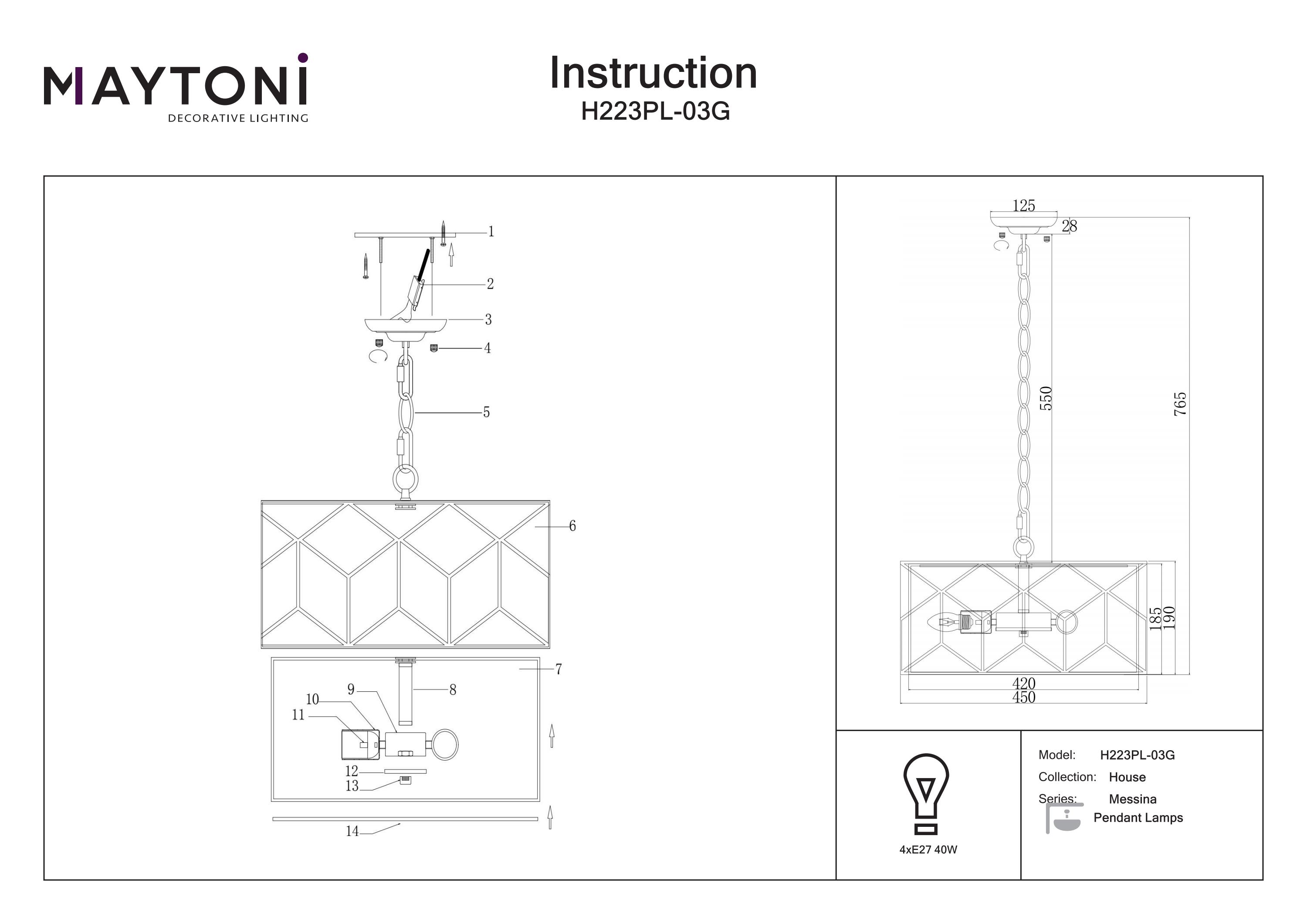 Corp de iluminat suspendat Messina, Metal Auriu, 40W, MAYTONI H223PL-03G [2]