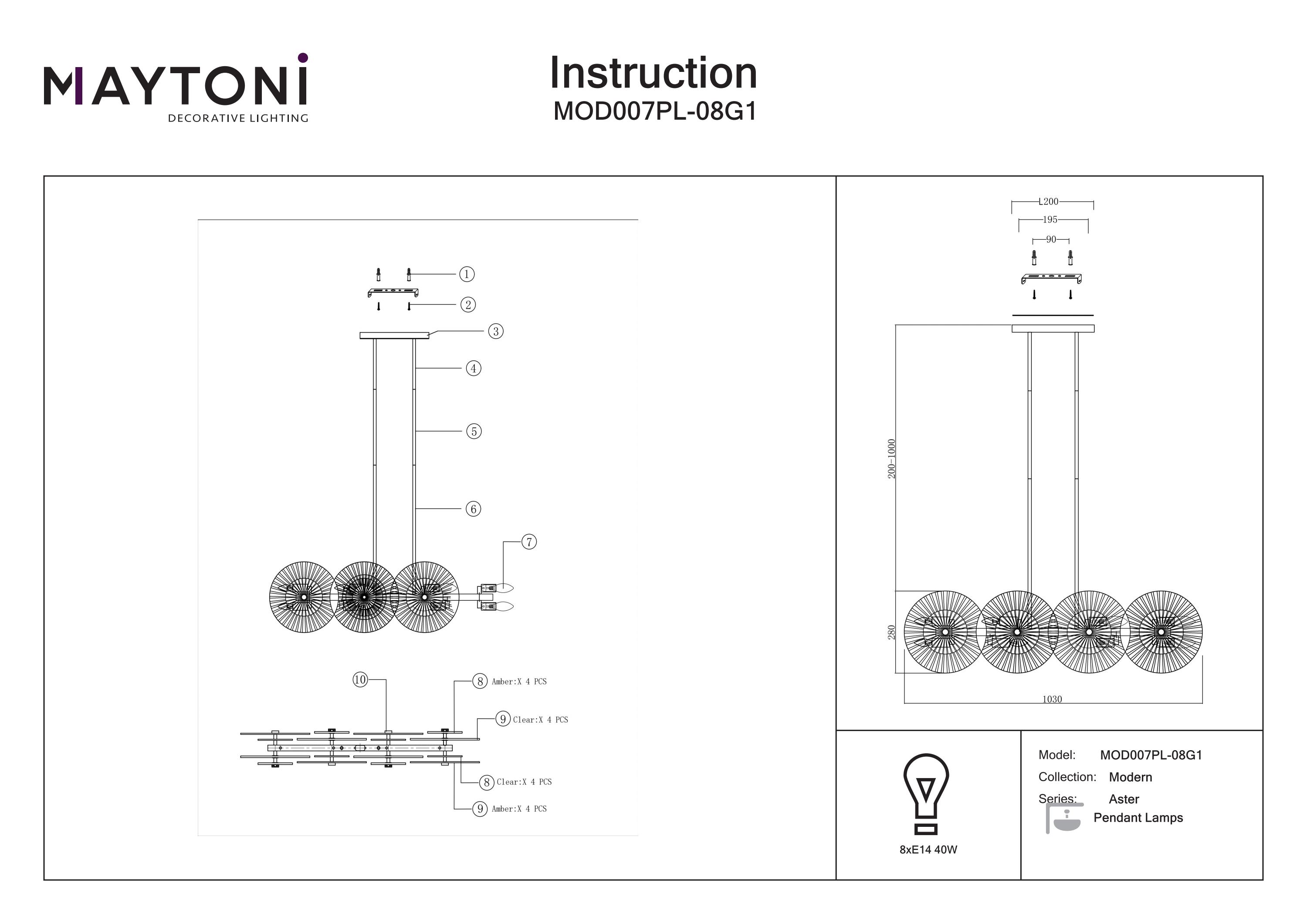 Corp de iluminat suspendat Aster, Metal Auriu, 40W, MAYTONI MOD007PL-08G1 [6]
